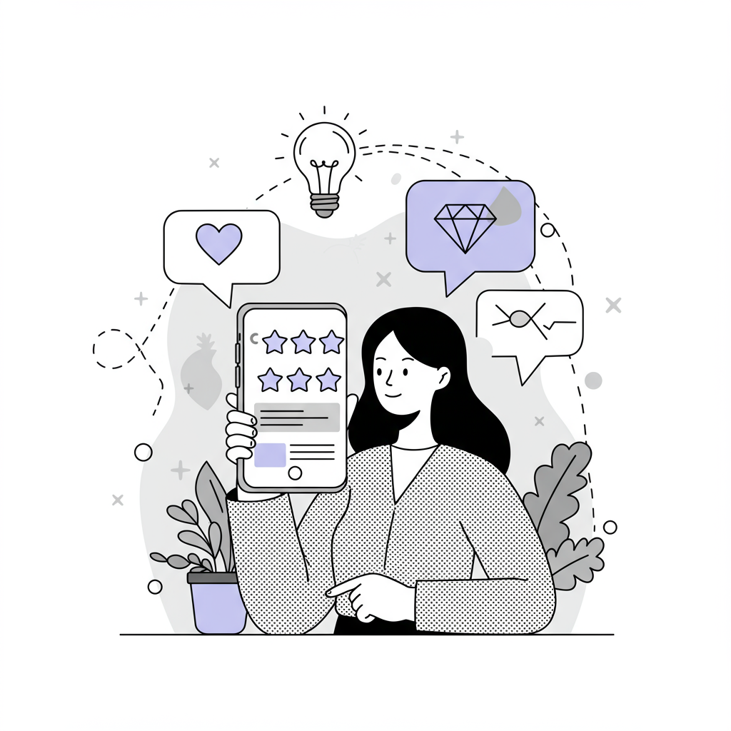 Chic line art: Asian or White female entrepreneur with glowing client testimonials on phone; pastel purple diamond symbol highlights value | Femmeprenista