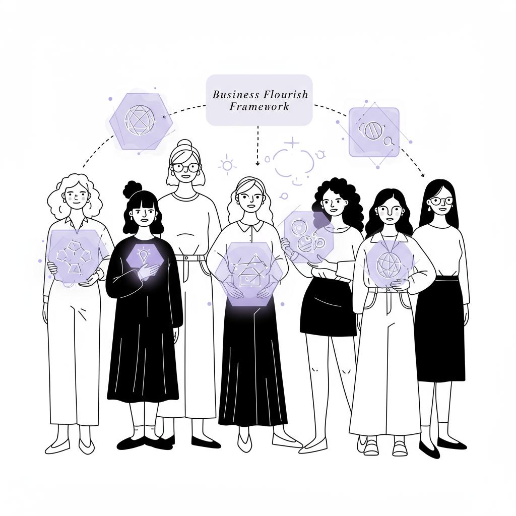 Line art: Diverse female entrepreneurs stand together, age irrelevant, with glowing shapes; purple accents symbolize collaboration | Femmeprenista