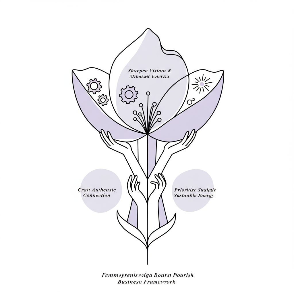 Modern line art of a blooming flower, petals symbolize business elements, stem shows diverse hands supporting growth; pastel purple accents | Femmeprenista