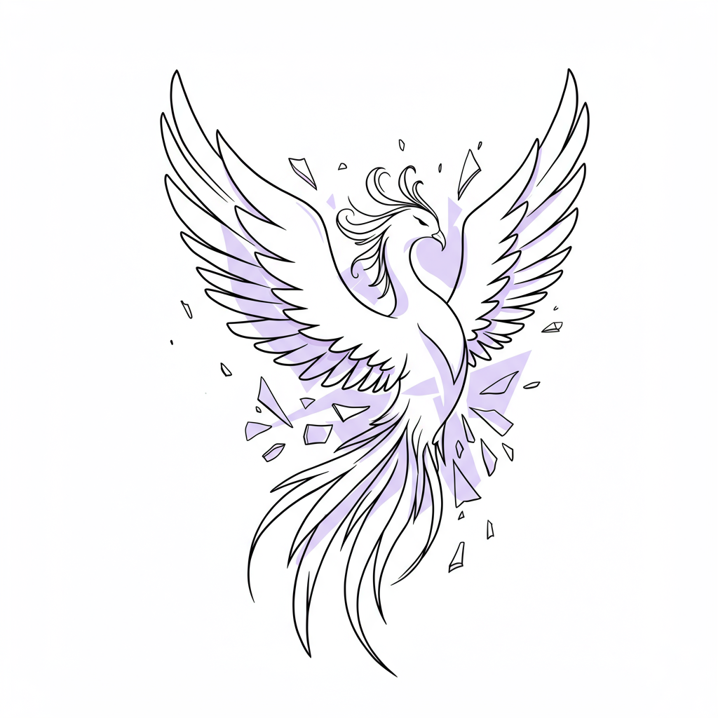 Chic line art: Phoenix rising from shattered glass, pastel purple eye, representing female entrepreneur resilience | Femmeprenista