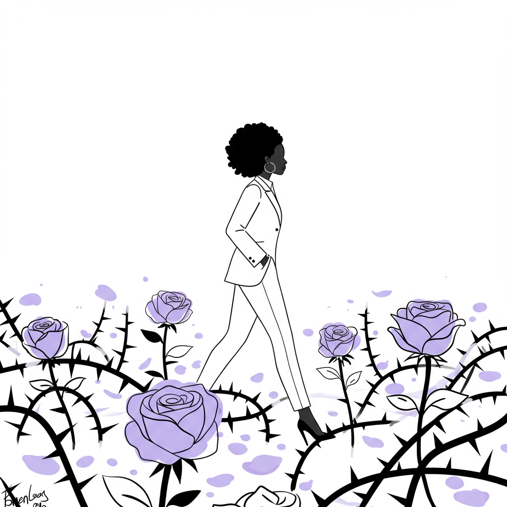 Chic line art: Black woman entrepreneur strides confidently through thorns; resilience, pastel purple rose highlight | Femmeprenista