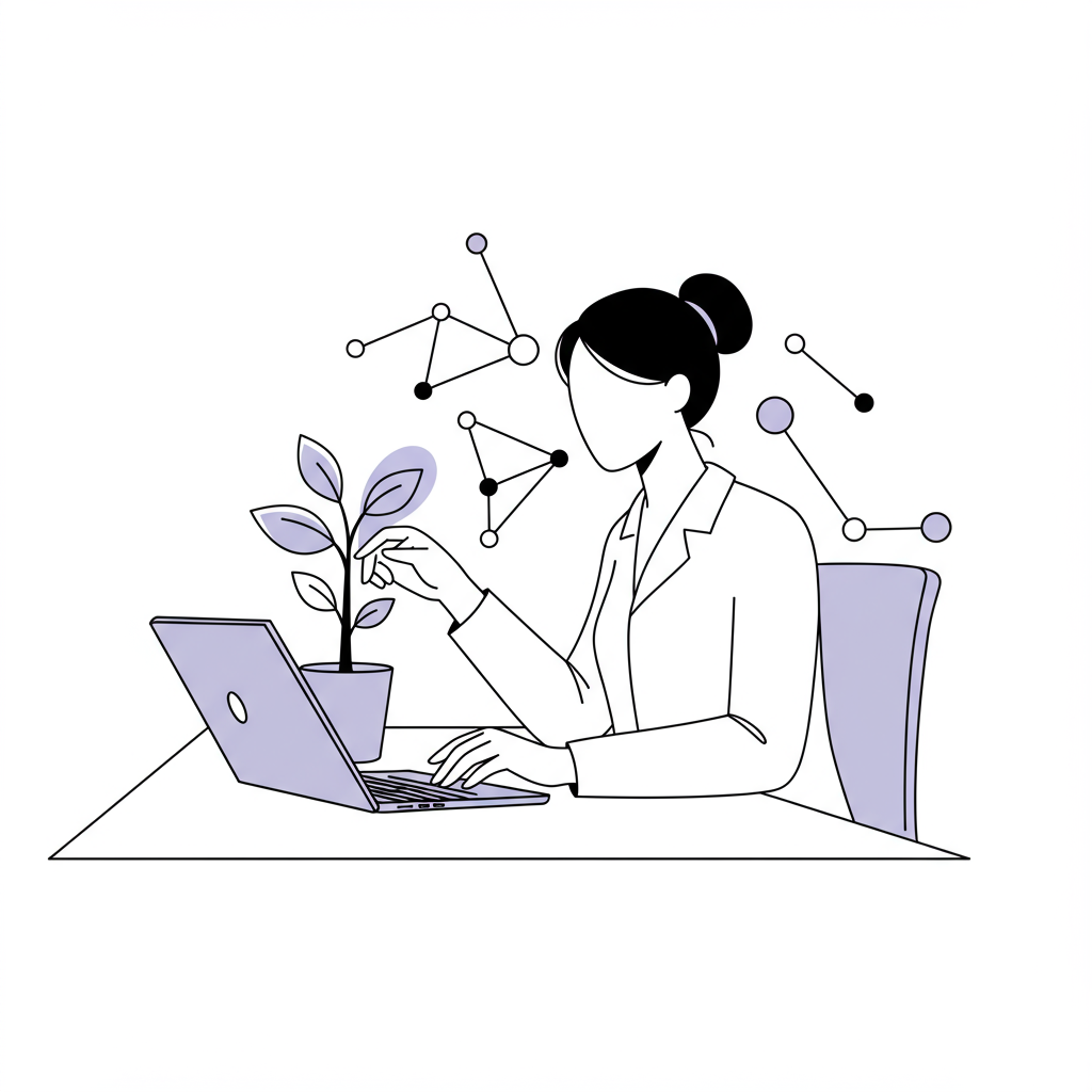 Chic line art: Businesswoman nurturing sprout on desk, representing sustainable growth with AI; pastel purple leaves | Femmeprenista