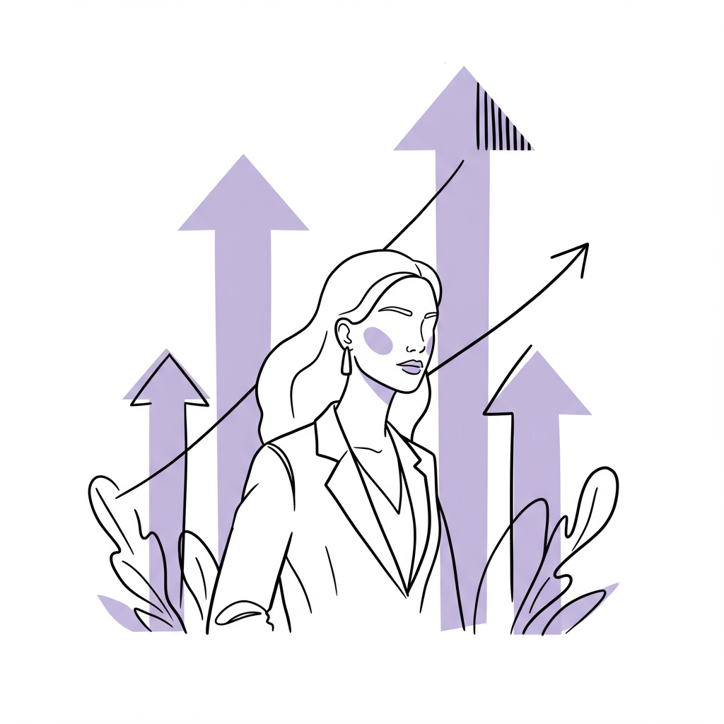 Modern line art: Female entrepreneur confidently moving forward, upward arrows symbolize growth, pastel purple accents | Femmeprenista