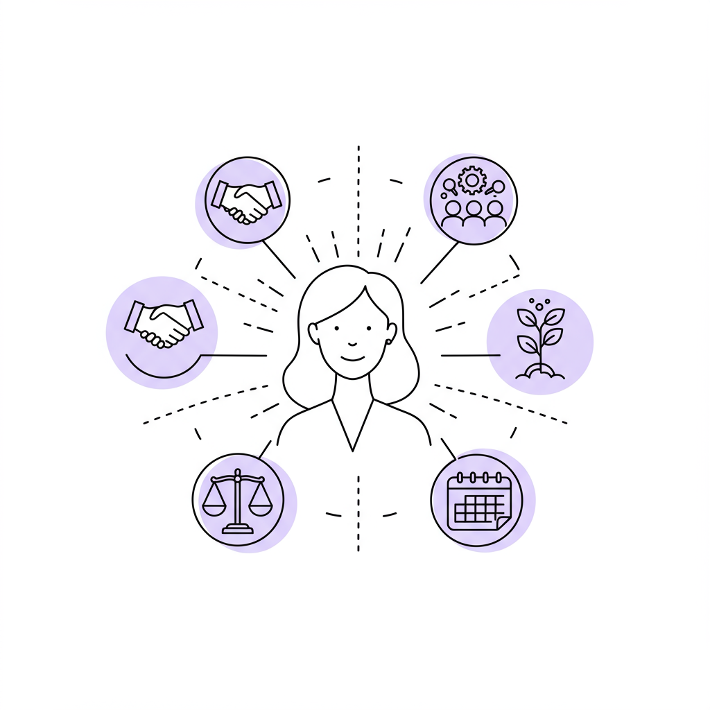 Chic line art: female entrepreneur's "mum voice" superpower in negotiations visualized; pastel purple sprouting seed symbolizes growth | Femmeprenista