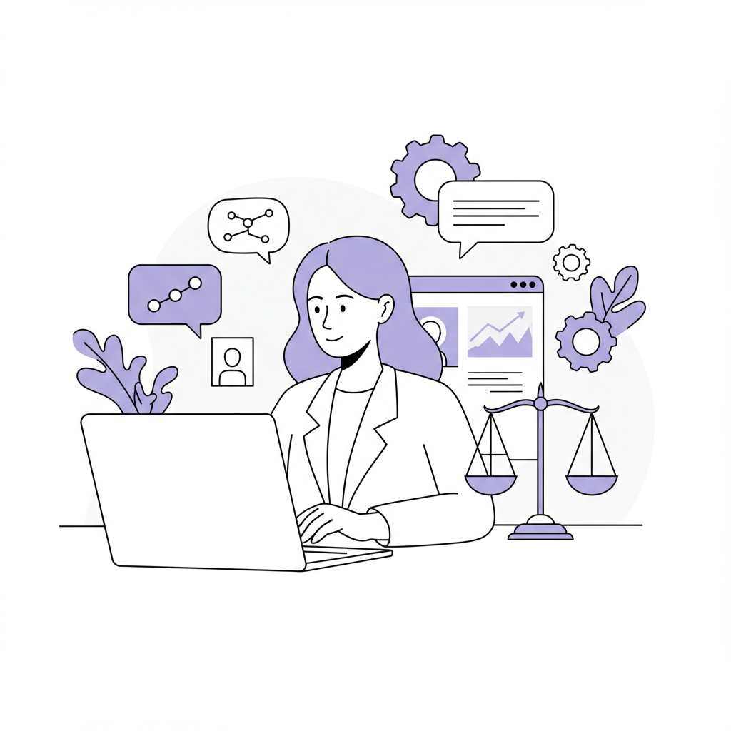 Line art: Female entrepreneur negotiating successfully via video call; pastel purple highlights connection and fairness | Femmeprenista