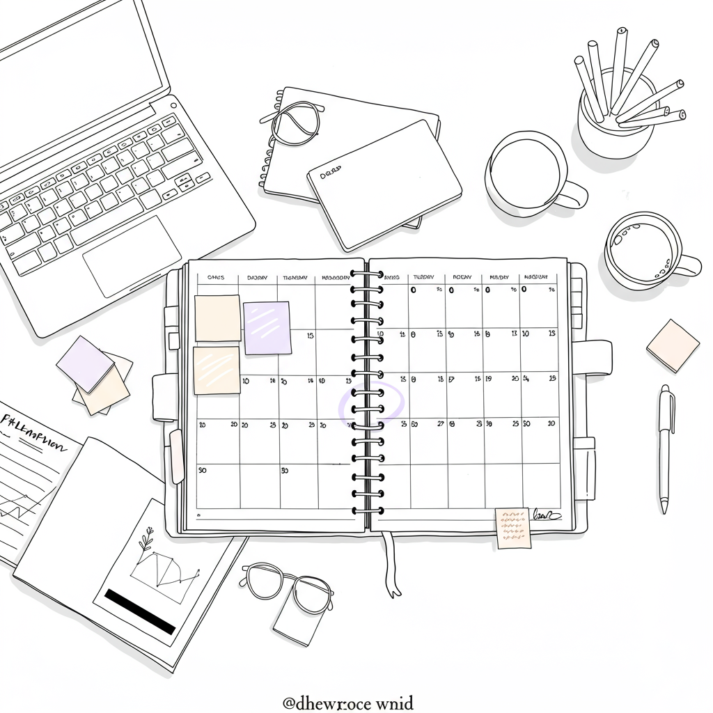 Chic black and white line art illustration of an organized workspace; pastel purple sticky note highlights weekly planner | Femmeprenista