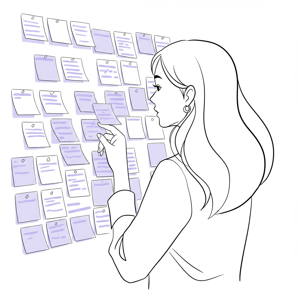 Modern black and white line art: a stylish female entrepreneur holding a pastel purple sticky note, focused on organized productivity | Femmeprenista