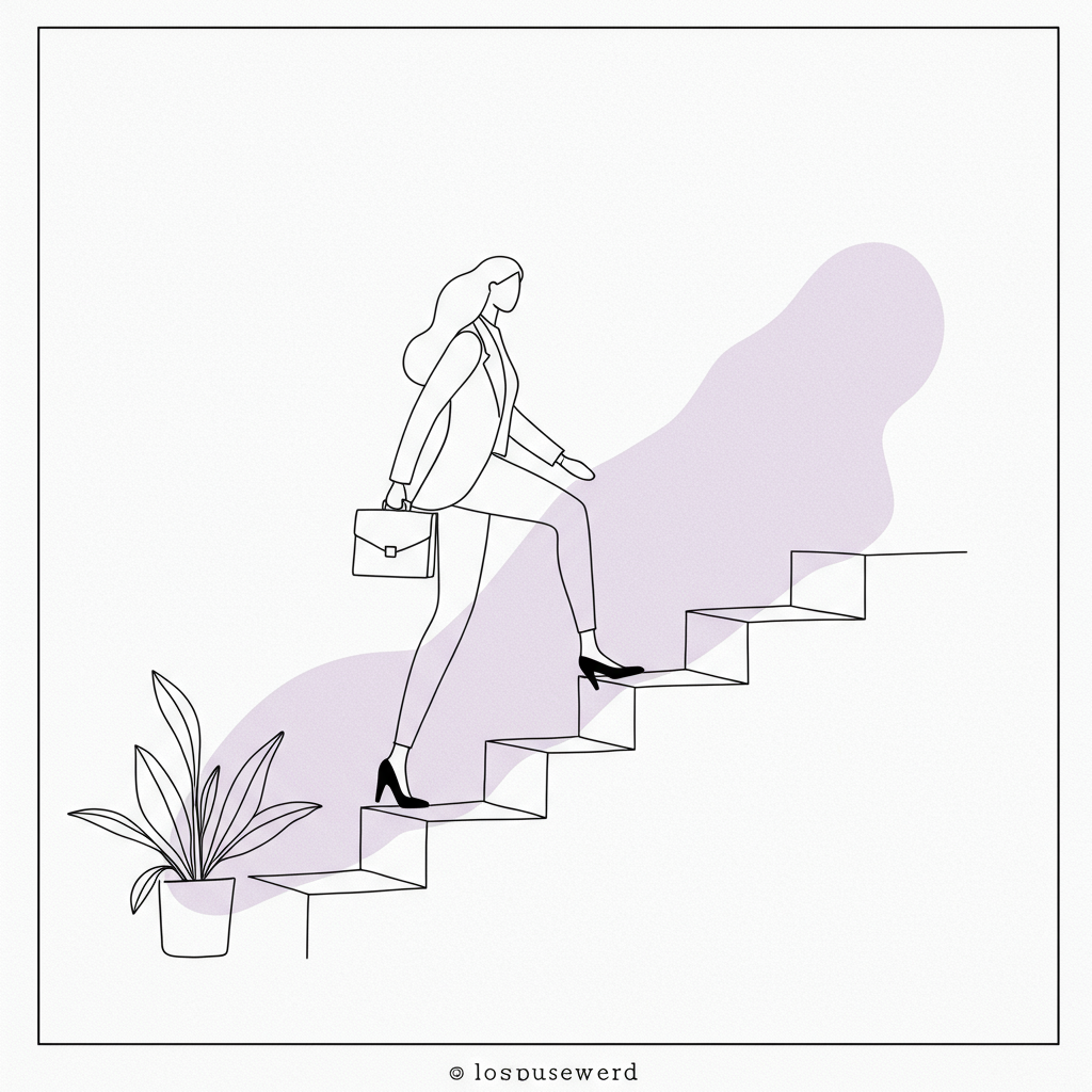 Chic line art: Female entrepreneur leveling up on stepping stones, pastel purple accent, resilient mindset | Femmeprenista