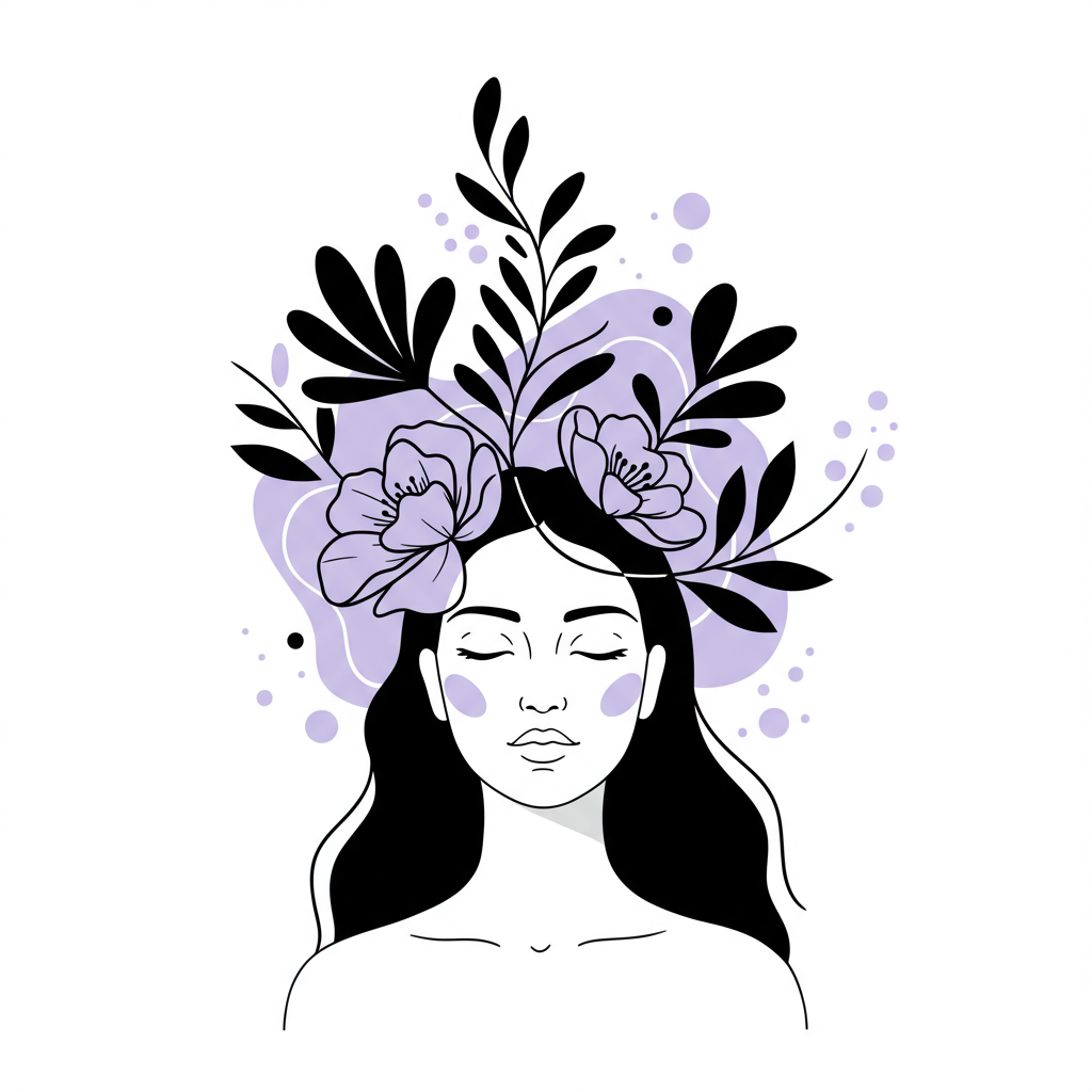 Modern line art: A female entrepreneur in meditative pose, stylized thoughts bloom into flowers with pastel purple accents | Femmeprenista