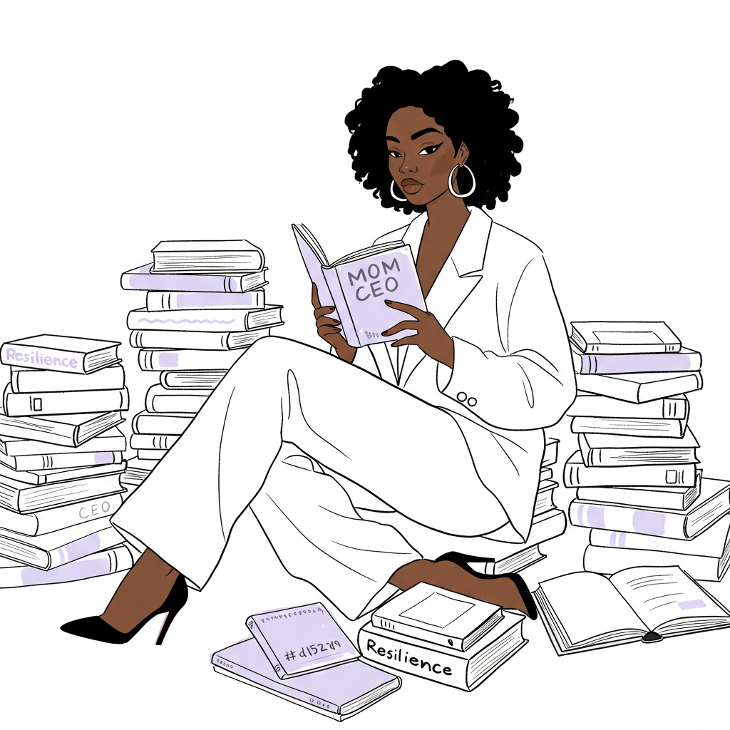 Black and white chic line art: Black woman "Mom CEO" calmly reading amidst chaotic "mom ceo books," pastel purple accent on one book | Femmeprenista