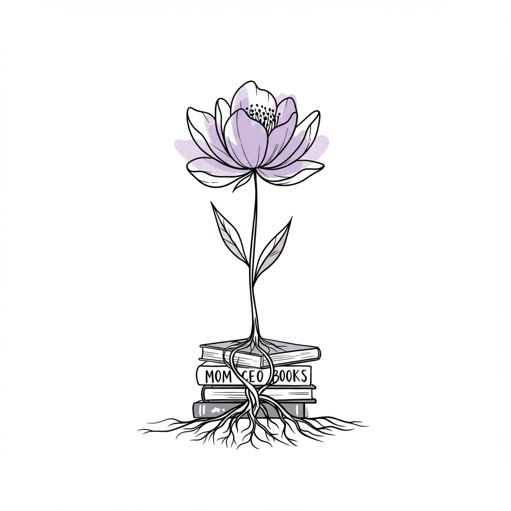 Modern line art illustration of a blooming flower rooted in books, pastel purple bloom, symbolizing growth and knowledge for Mom CEOs | Femmeprenista