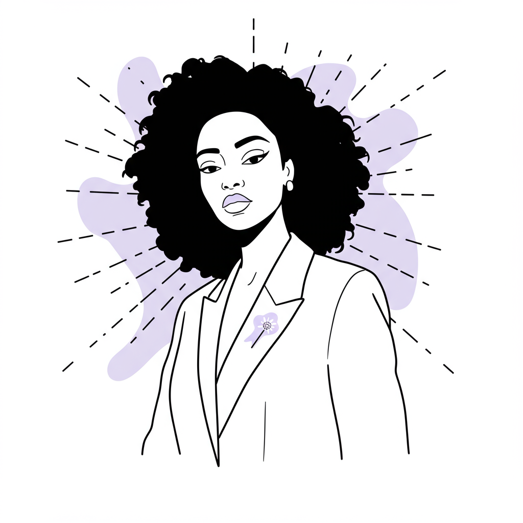 Chic line art: Confident Black businesswoman owning the corporate world; pastel purple on lapel pin | Femmeprenista