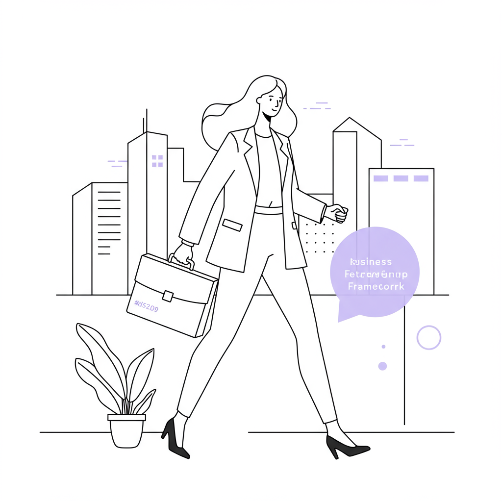 Chic line art: Thriving female entrepreneur confidently strides through the corporate world; pastel purple briefcase highlight | Femmeprenista