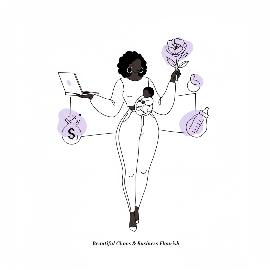 Chic black and white line art: Black woman balancing business, motherhood, and growth; pastel purple flower accent | Femmeprenista
