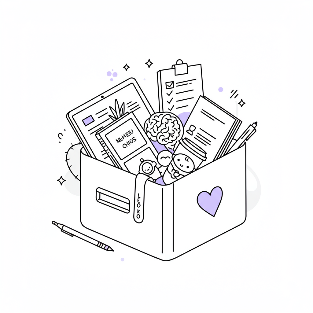 Modern line art: Femmeprenista's toolkit overflowing with life's beautiful chaos; laptop, baby, coffee, heart in pastel purple | Femmeprenista