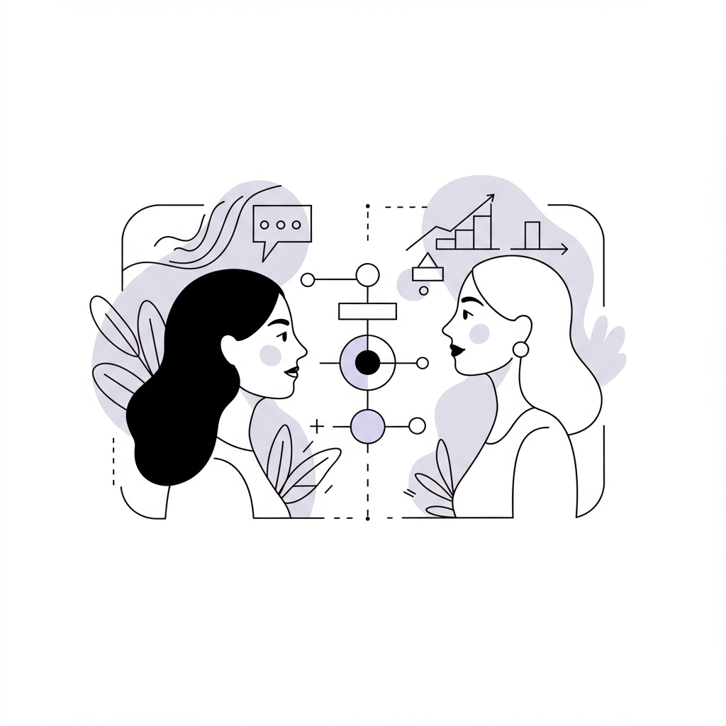 Chic line art: two women in conversation, representing life coach vs business coach fit; pastel purple circle highlights holistic balance | Femmeprenista