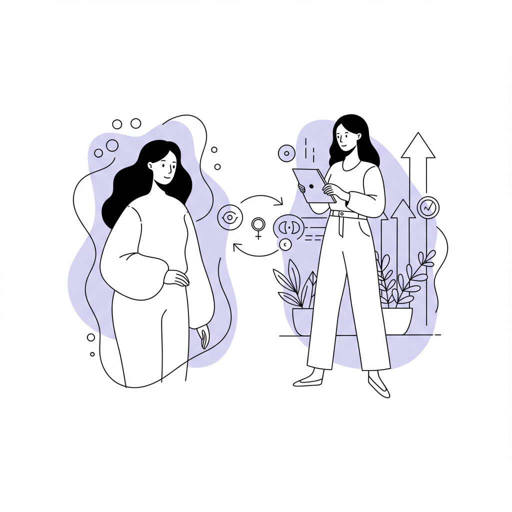 Chic line art contrasts life coach serenity with business coach focus; pastel purple link symbolizes holistic growth | Femmeprenista
