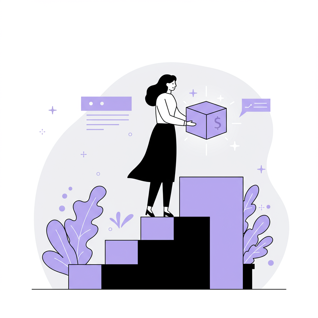 Chic line art: Female founder placing pastel purple cornerstone on business growth steps, embodying legacy | Femmeprenista