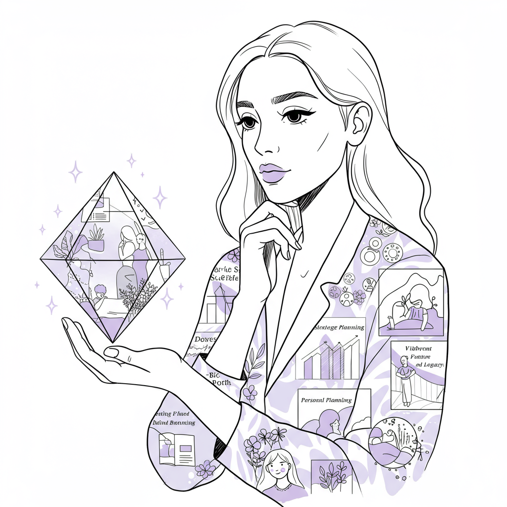 Modern line art illustration: Female founder holding gem reflecting family, business growth, and wellbeing; pastel purple accent | Femmeprenista