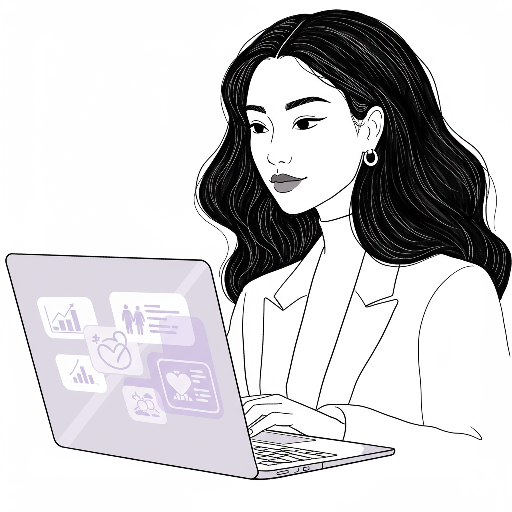 Modern line art: Stylized mom CEO's laptop reflects her intertwined family and business, purple heart highlight | Femmeprenista