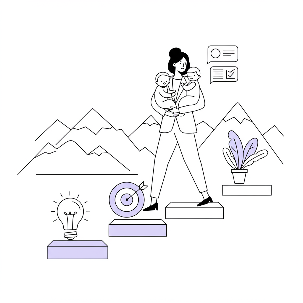 Modern line art: Mom CEO in power suit balancing baby, striding confidently forward on business icon stepping stones, pastel purple lightbulb | Femmeprenista