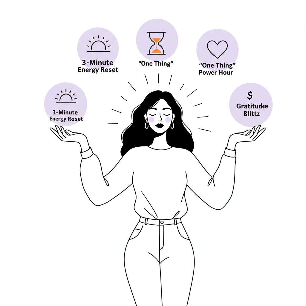Line art: entrepreneur balancing wellbeing habits; sunrise, hourglass, heart icons, pastel purple heart highlight | Femmeprenista