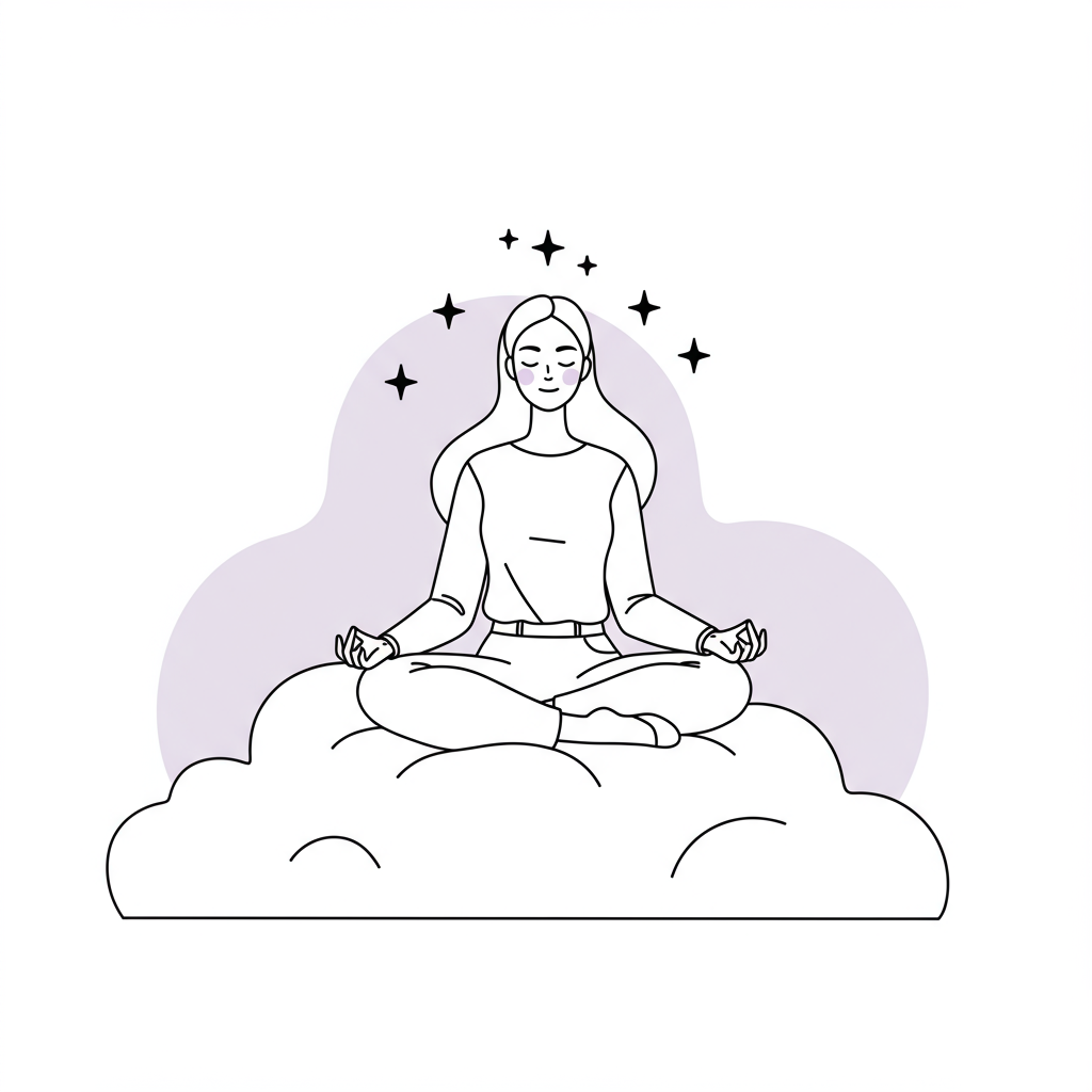 Line art: Entrepreneur meditating on cloud, symbolizing wellbeing; pastel purple stars represent "3 Tiny Tweaks" | Femmeprenista