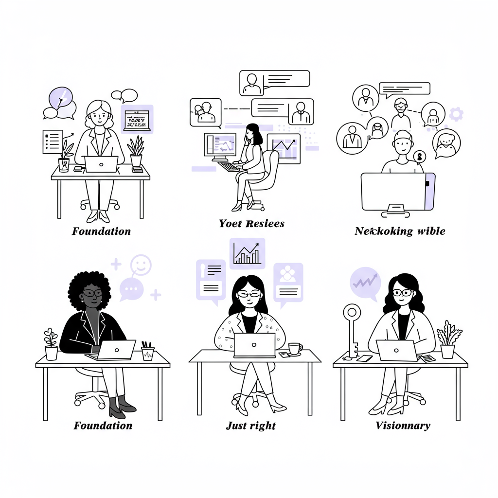 Line art: Three female entrepreneurs at symbolic desks, one "just right," with a pastel purple key; networking for female entrepreneurs UK | Femmeprenista