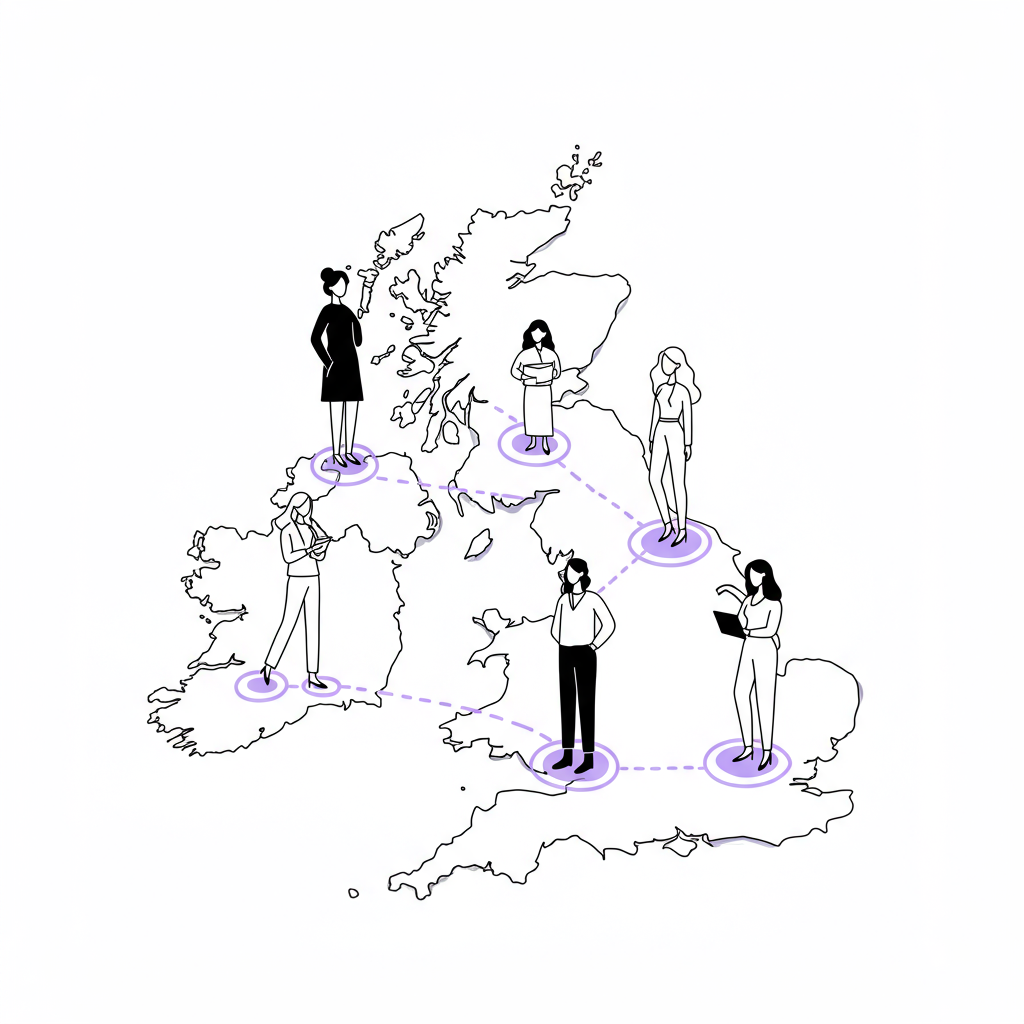 Chic line art: diverse UK female entrepreneurs connected by pastel purple lines on a UK map, symbolizing networking | Femmeprenista