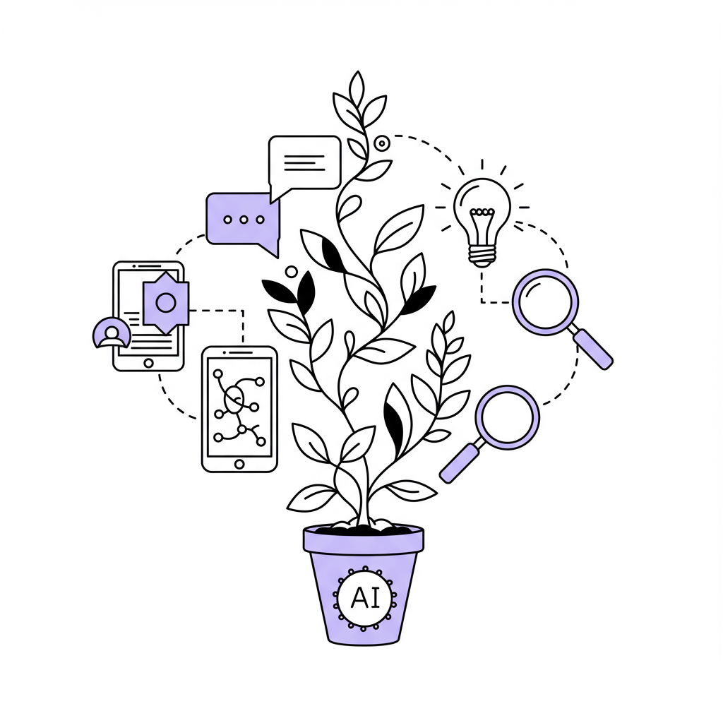 Chic black and white line art: a flourishing digital garden of marketing strategies for femmeprenistas, AI symbol with pastel purple accent | Femmeprenista