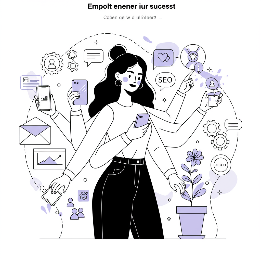 Modern line art: Stylish female entrepreneur balances marketing and business growth; pastel purple flower accent | Femmeprenista