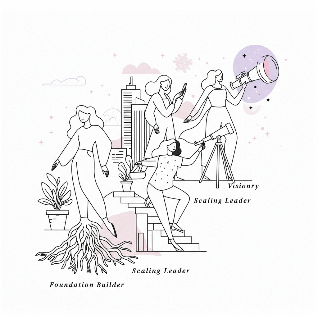 Line art: three stylized female figures ascending, representing the Femmeprenista business journey, telescope with pastel purple lens | Femmeprenista