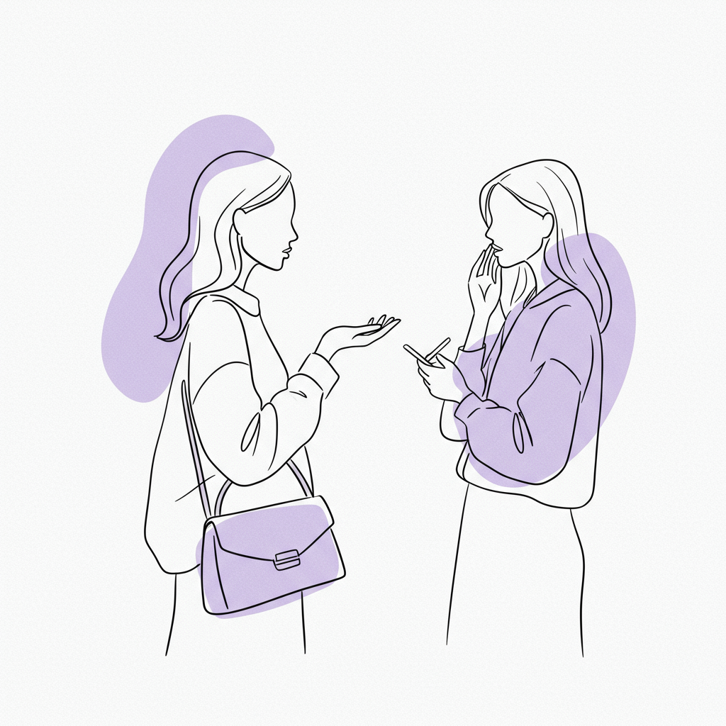 Chic black and white line art of female figures representing coaching and mentoring, pastel purple accent on bag | Femmeprenista