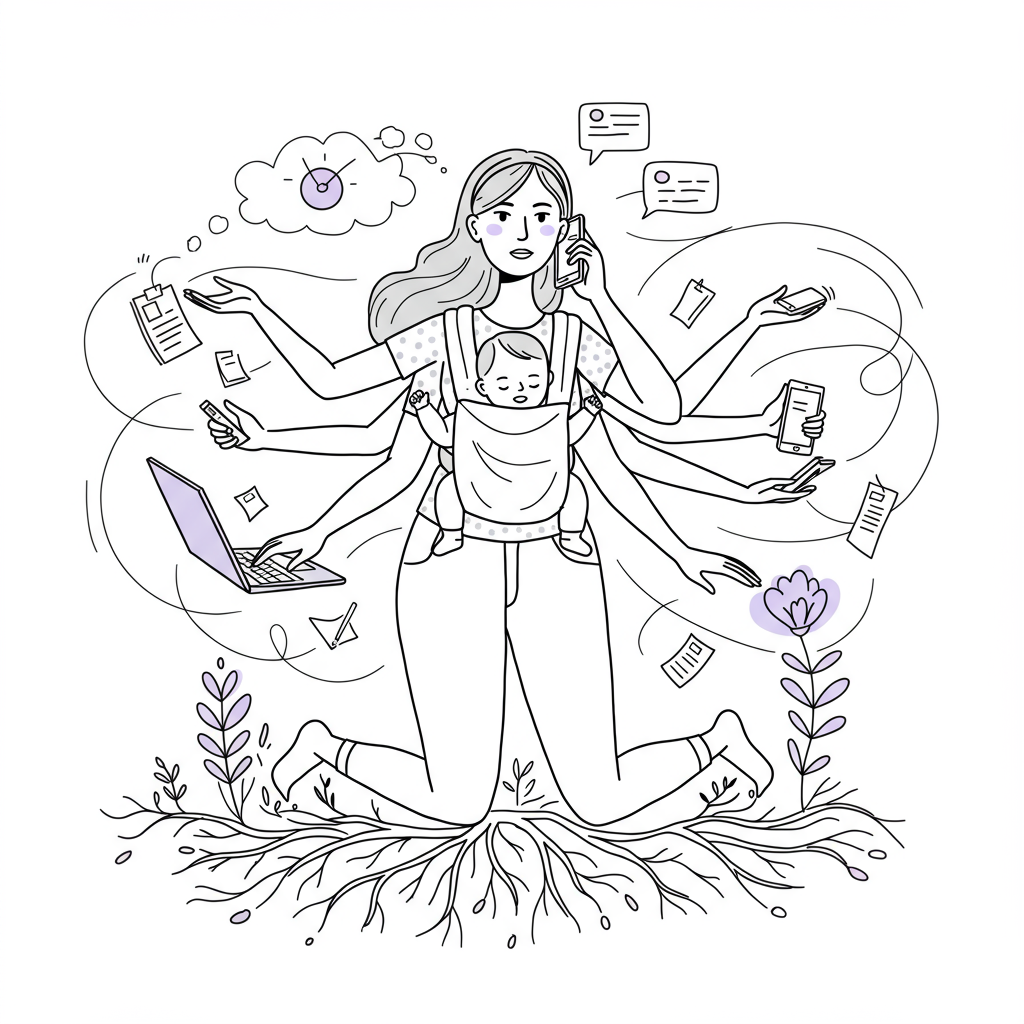 Line art: Female entrepreneur gracefully balancing work, motherhood, and life, symbolized by roots and a pastel purple flower | Femmeprenista