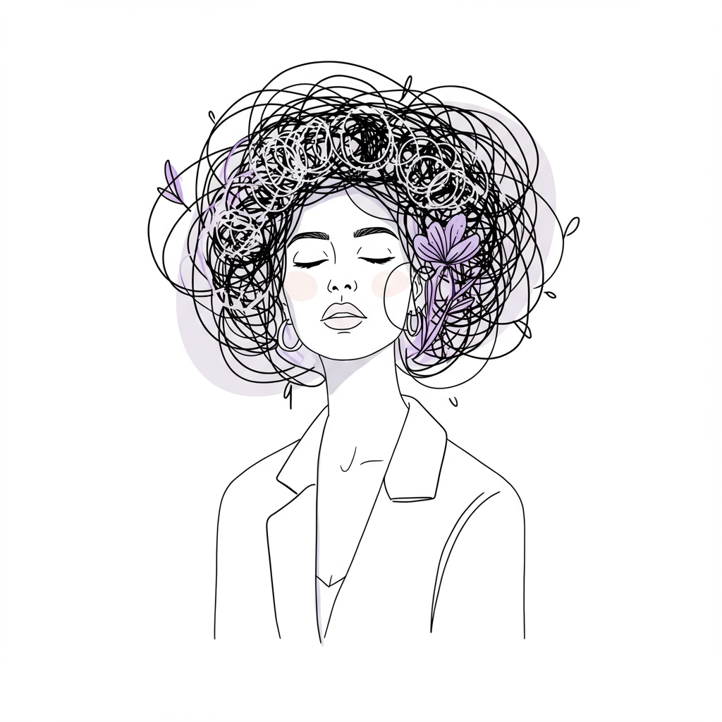 Black and white line art: Resilient female entrepreneur amidst chaos, pastel purple flower detail symbolizes growth | Femmeprenista