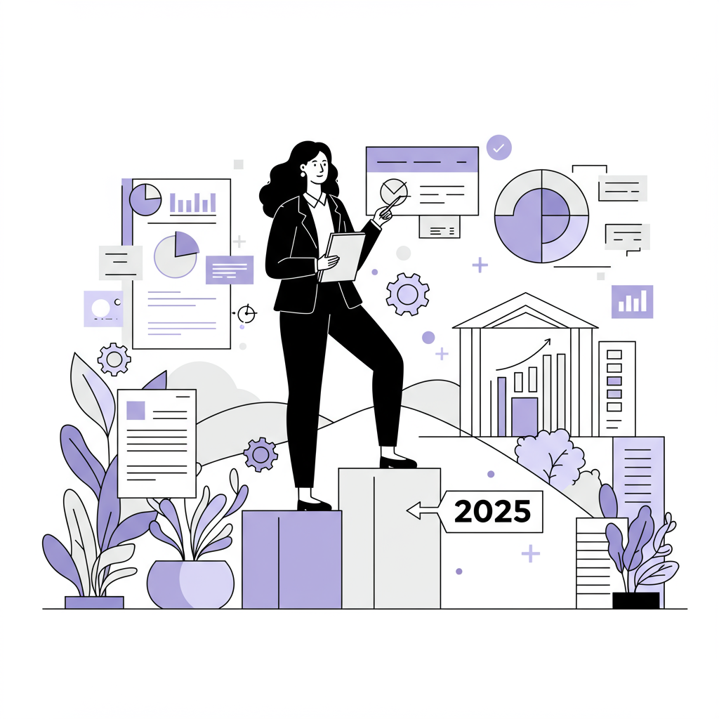 Chic black and white line art: a confident female entrepreneur steps onto "2025," overlooking her thriving business, with pastel purple accent | Femmeprenista