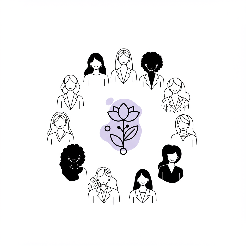 Modern line art: diverse female entrepreneurs in a circle, symbolizing strategic partnership and growth, purple accent | Femmeprenista