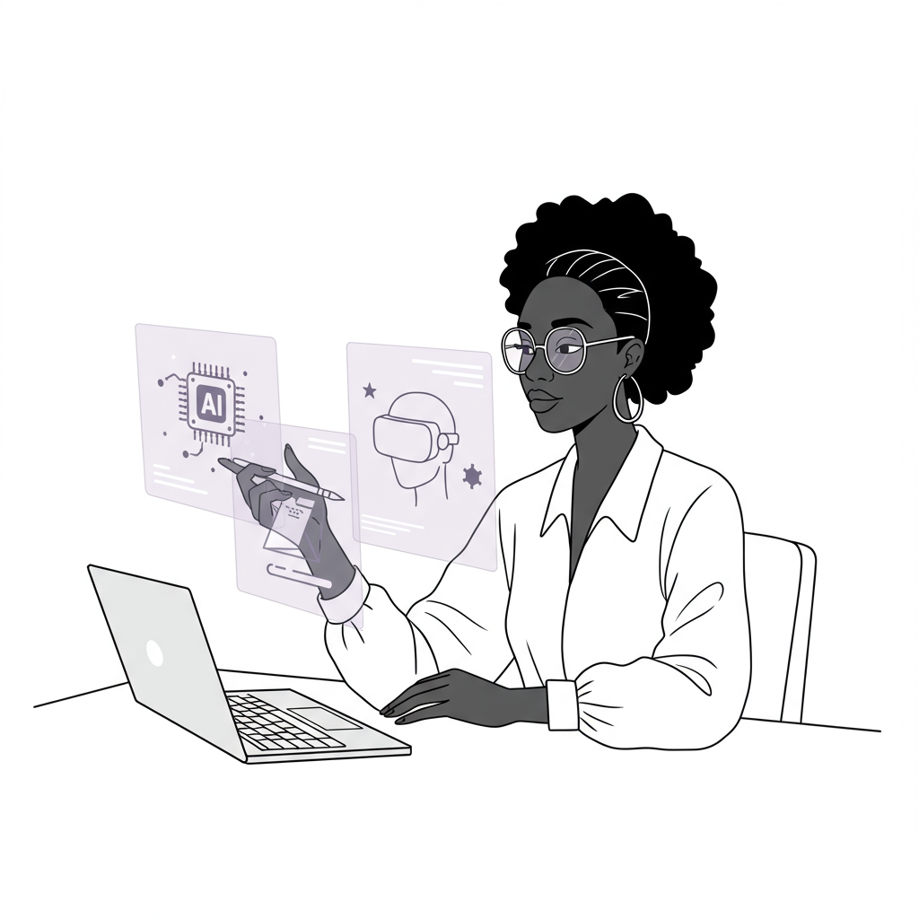 Chic black and white line art: Black woman CEO reviewing holographic entrepreneurship trends with pastel purple glasses | Femmeprenista