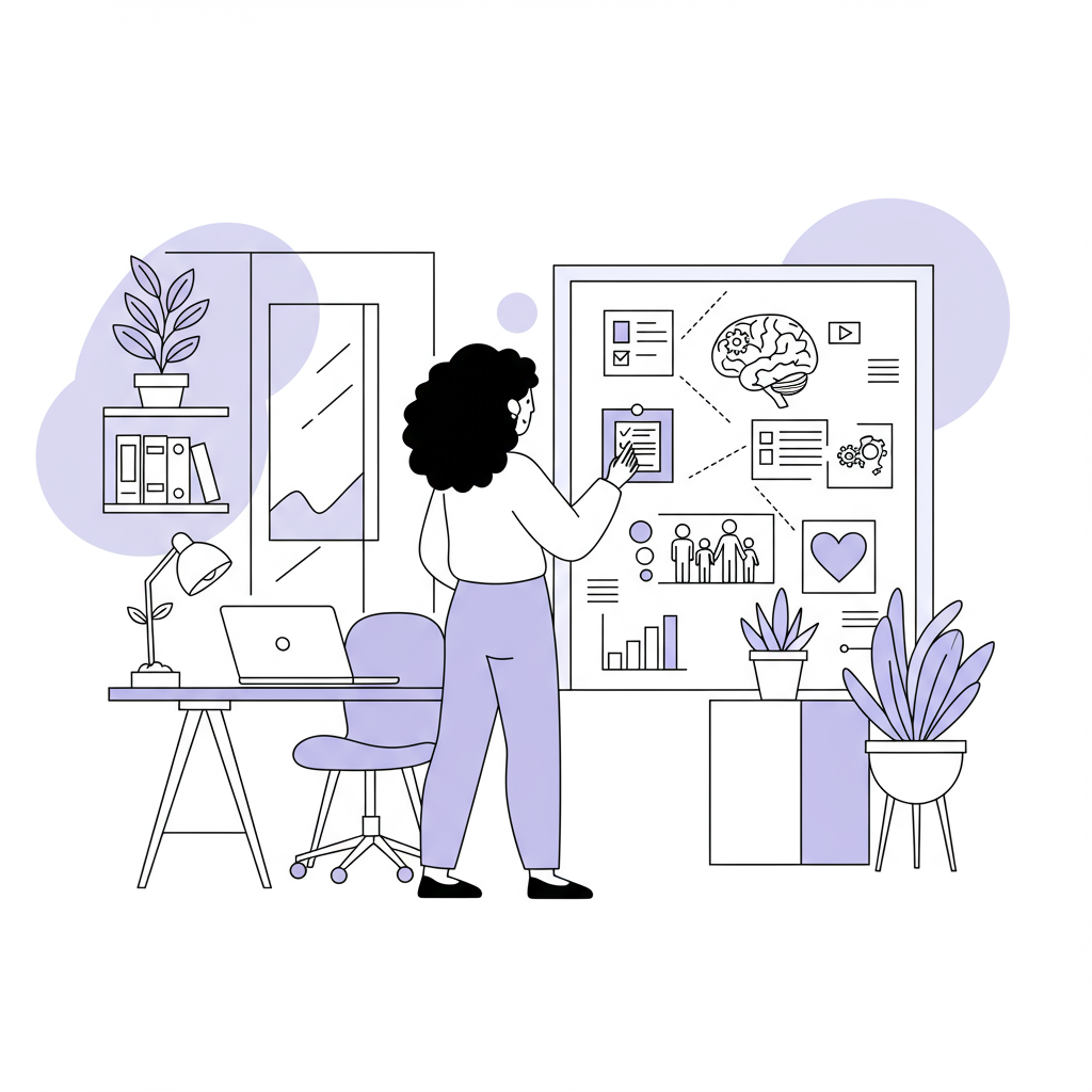 Line art of Latina entrepreneur confidently viewing a vision board for Femmeprenista entrepreneurship trends, with pastel purple frame | Femmeprenista