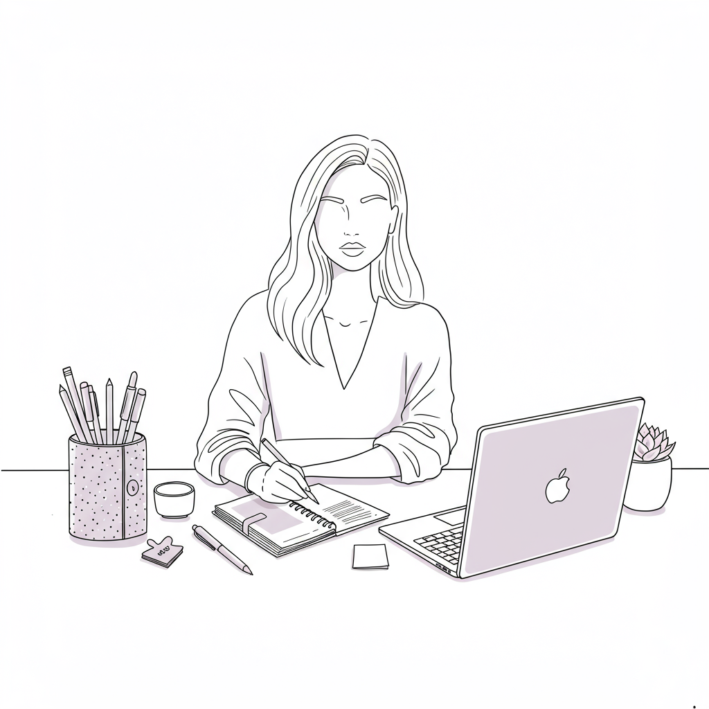 Chic line art: Woman entrepreneur organizing business for growth; black and white with pastel purple accents on laptop and plant | Femmeprenista