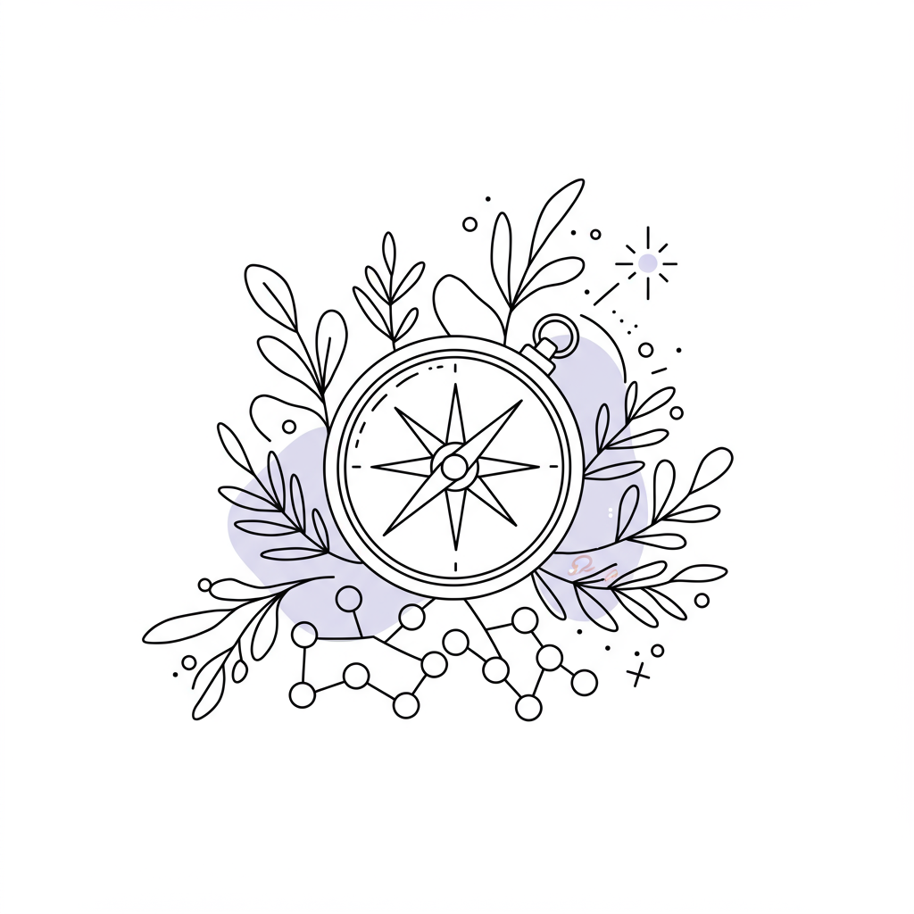 Chic line art of a compass pointing towards a pastel purple star, atop geometric shapes, symbolizing direction and business growth | Femmeprenista