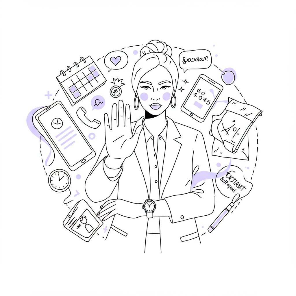 Chic line art: CEO mom setting boundaries against demands, pastel purple accent on wristwatch | Femmeprenista