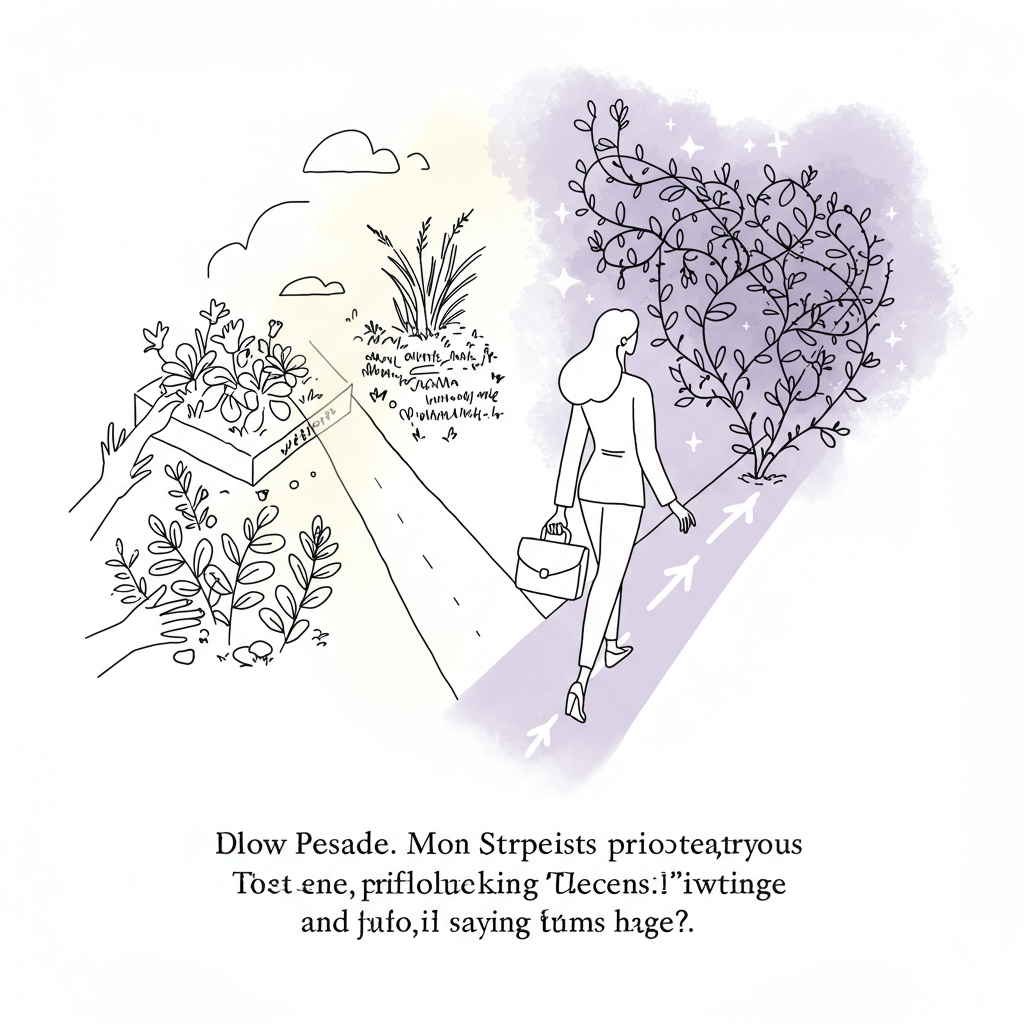 Line art: Femmeprenista choosing the path of success and wellbeing; pastel purple highlights her bright future | Femmeprenista