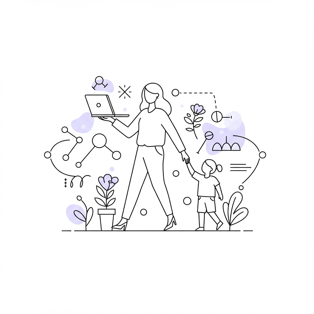 Line art: Mum CEO balancing business and family, pastel purple flower symbolizes holistic growth, interconnected systems background | Femmeprenista