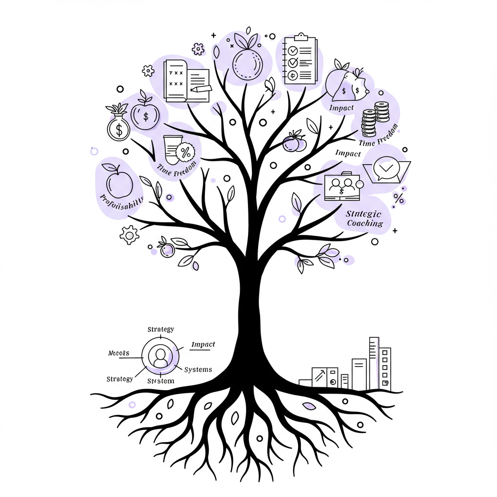 Chic line art: Flourishing tree symbolizes strategic coaching for Mum CEOs, pastel purple highlights time freedom | Femmeprenista