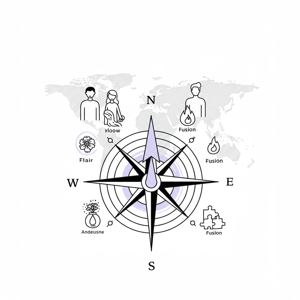 Chic black and white line art "growth compass" with pastel purple arrow pointing up, guiding strategic direction | Femmeprenista
