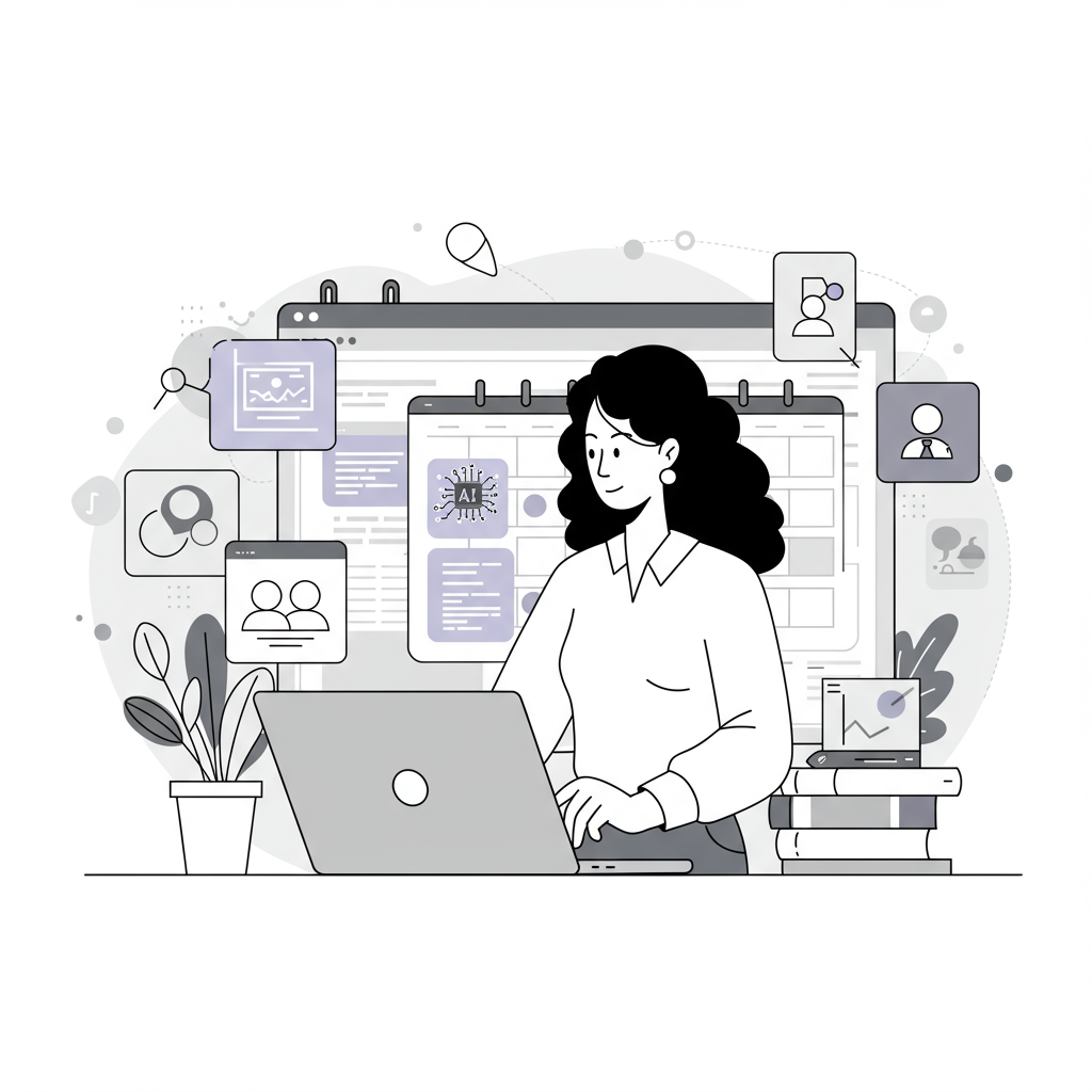 Line art illustration: Mixed ethnicity female entrepreneur using an AI content calendar; pastel purple AI icon highlights a chic, minimalist workflow | Femmeprenista
