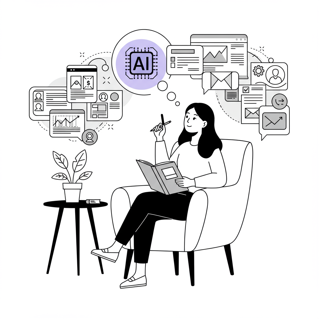 Chic line art: Asian woman entrepreneur thoughtfully planning content with AI; pastel purple accent on AI icon | Femmeprenista
