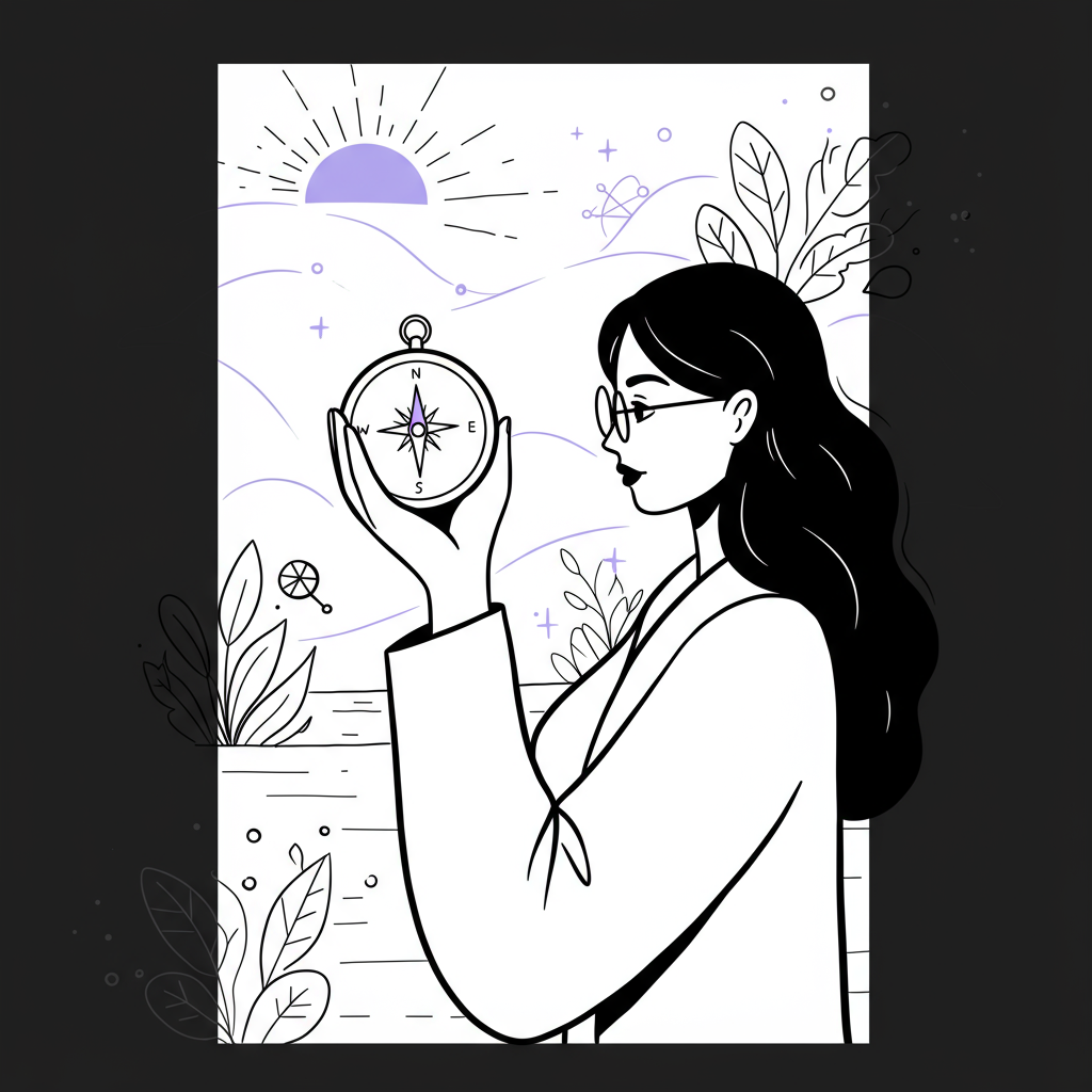 Line art: Confident female entrepreneur holding compass toward sun, symbolizing clear direction; pastel purple accent | Femmeprenista