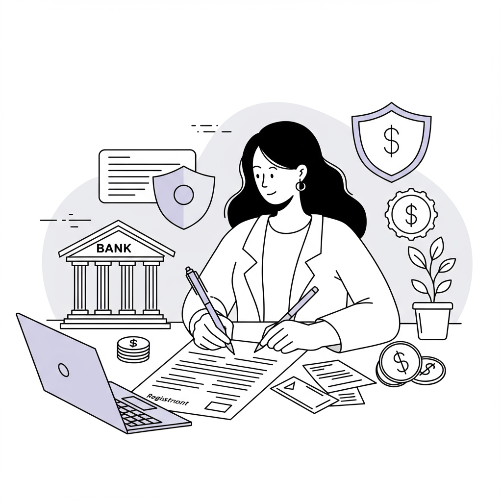 Chic black and white line art: Female entrepreneur confidently signing business registration, pastel purple pen accent, growth symbols | Femmeprenista